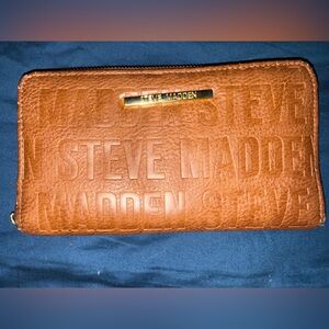 Steve Madden stamped logo zipped wallet in cognac/brown faux leather